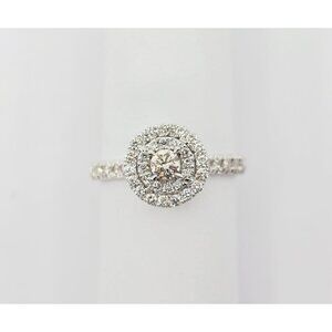 Unique 14K White Gold 0.64 tcw Round Cut Diamond Double Halo Engagement Ring